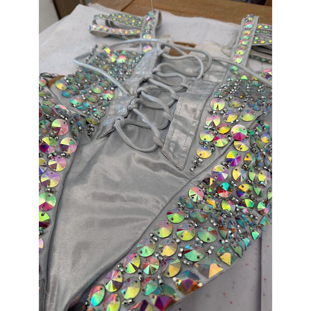 Glamour Costumes Beyoncé Burlesque Crystal Showgirl Corset Top + bodysuit XS - Picture 6 of 10